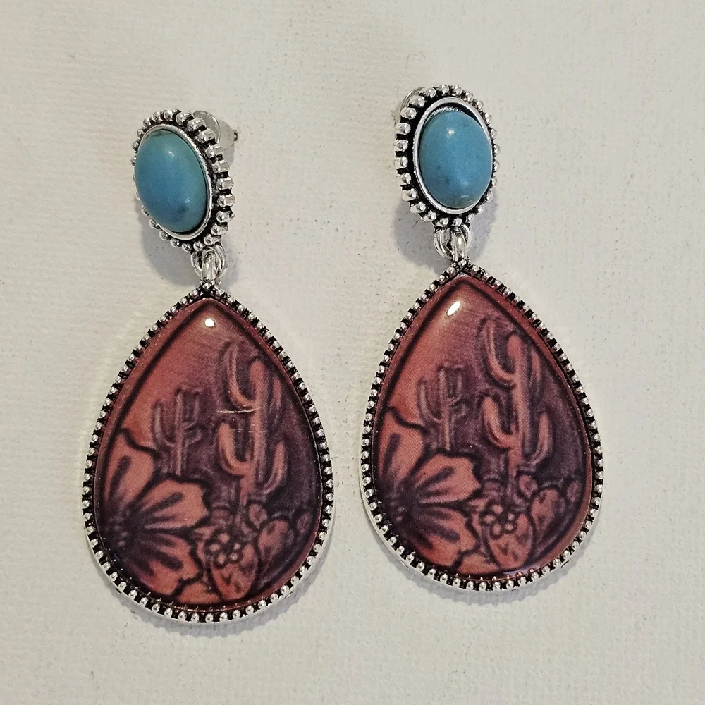 Western Vintage Teardrop Earrings with Blue and Brown Accents